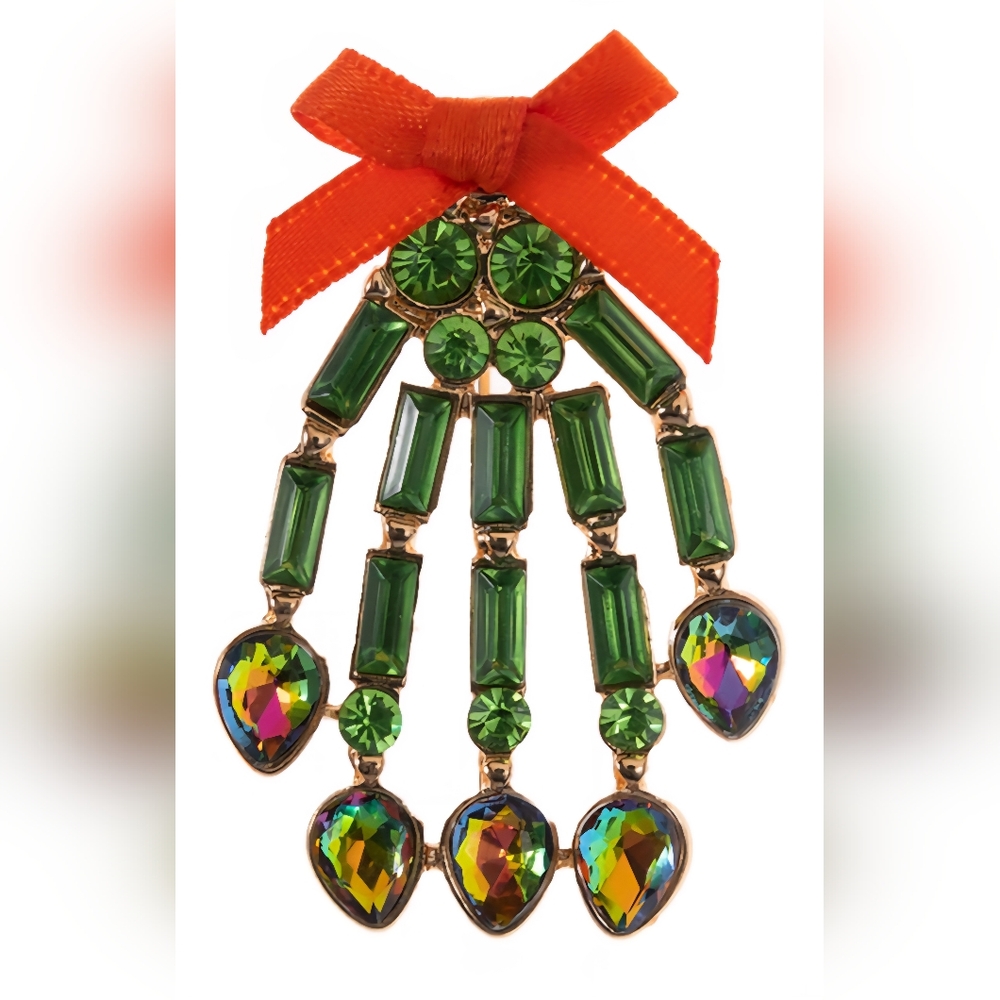 Bow Accent Glass Stone Skeleton Hand Brooch